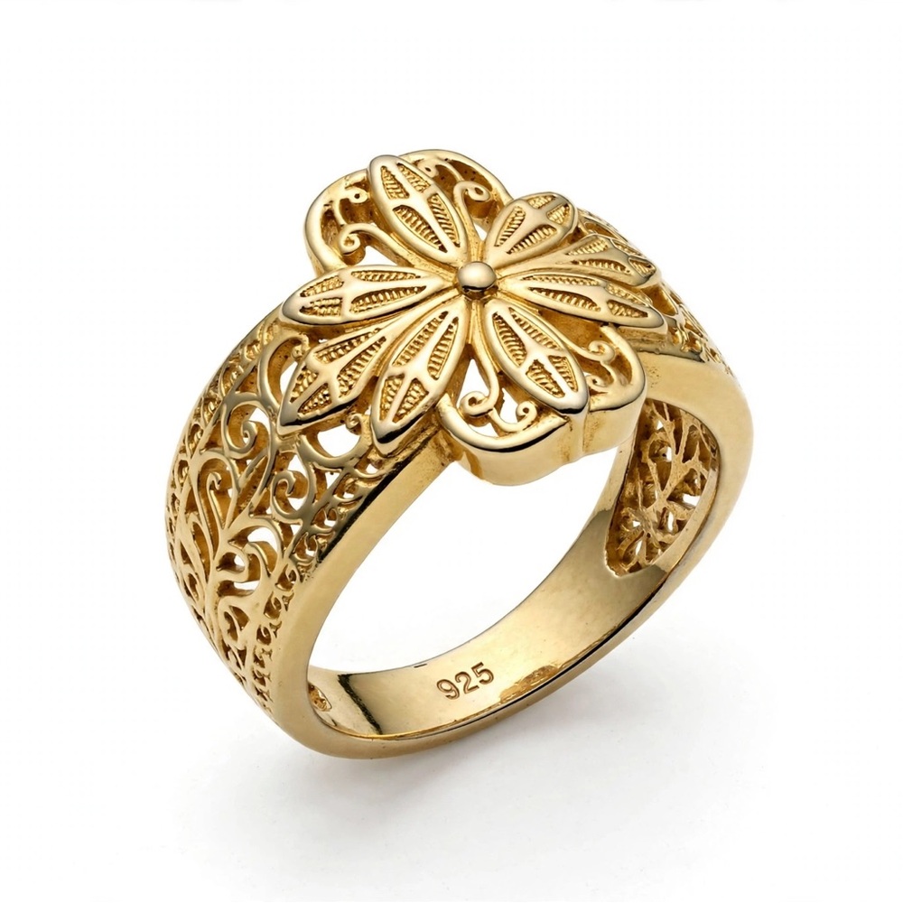 Gold Floral Filigree Sterling Silver 925 Ring
